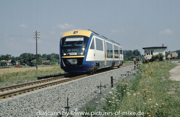 Laußitzbahn VT 611 (642 411 / 911) am 19.7.2003 am Abzweig Mückenhain. Siemens 2002, Fabriknummer 93149 + 93150