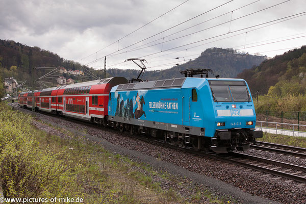 146 013 am 16.4.2016 in Königstein mit S1 nach Schöna