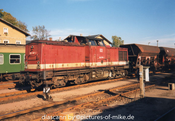 202 587 / LEW 13905, 1973 am 14.10.1994 im Bhf. Neustadt/Sa. mit Güterzug 67304 DNE - DSA - DPI. ex 110 587, Umbau 1987 in 112 587