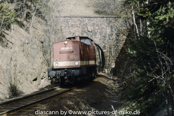 202 405 / LEW 12914, 1971 am 3.4.1995 verläßt den Geißinger Tunnel mit RB 7543 Heidenau - Altenberg.