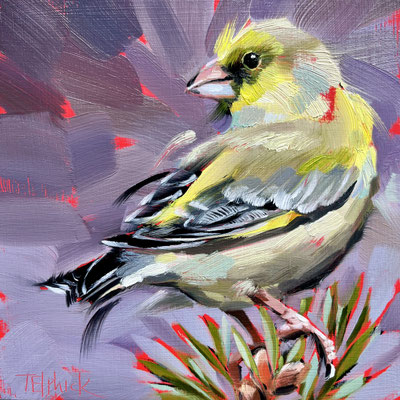 BO152 Green Finch Original 6"x6" in frame 9"x9" £175