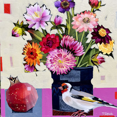 SLB96.  Goldfinch & Dahlias.  sold   print available
