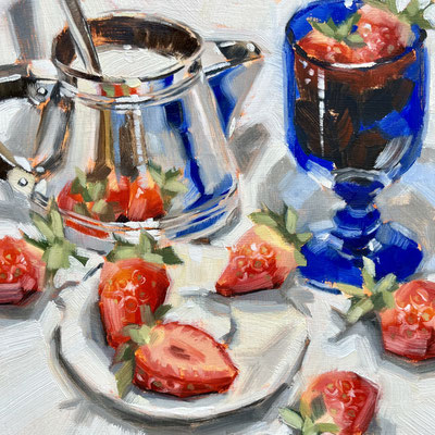 SLO236 Strawberries & Bristol Blue 8"square in 11" frame. £225