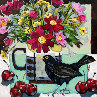 SLB44 Blackbird Cosmos & Cherries  original sold    Print available