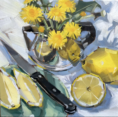 SLO234 Dandelions & Lemons on Green plate.  8" square in 11" frame £225
