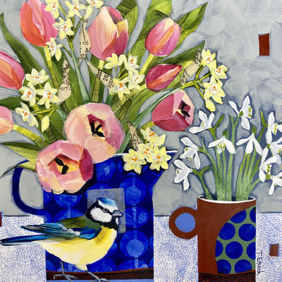 SLB57    Bluetit, Pink Tulips & Snowdrops    Original SOLD     Print available