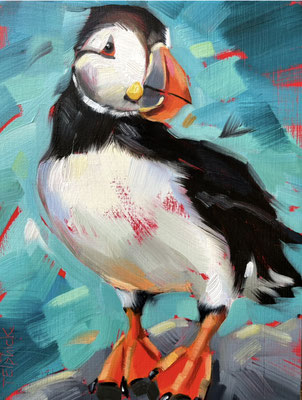 BO162 Puffin on Teal.  sold. Print Available