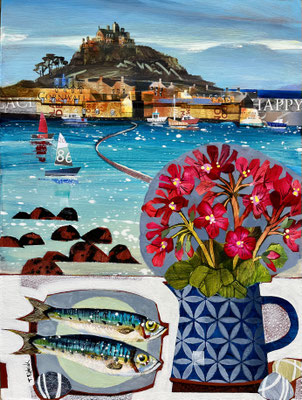 SLM61. Red Geranium & Sardines in Marizion  Original. sold print available