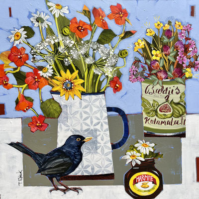 SLB91.  Blackbird, Marmite & Spring Flowers. Original. sold  print available. 