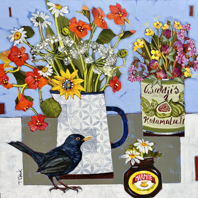 SLB91.  Blackbird, Marmite & Spring Flowers. Original. sold  print available. 