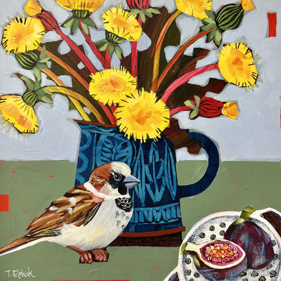 SLB89 Sparrow & Dandelions Original  sold print available