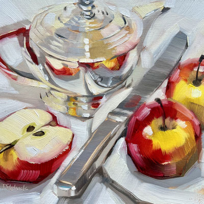 SLO238.  Apples & Silver Teapot. 6" square in 9" frame. £150
