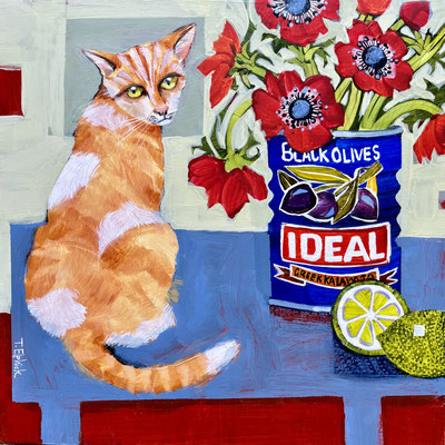 SLM64 Cat & Anemones Original 12" in 18" frame £400.  print available