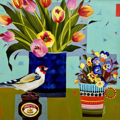 SLB102 Goldfinch, Marmite & Tulips 18" in 24" frame £650 print available