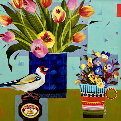 SLB102 Goldfinch, Marmite & Tulips sold print available