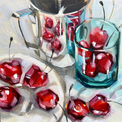 SLO118.  Cherries & Teal Glass  6" in 9" frame. £150