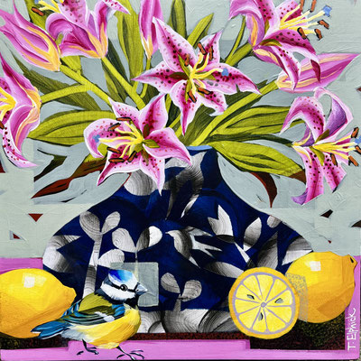 SLB110 Bluetit & Lilies. 12" in 16" frame. £450