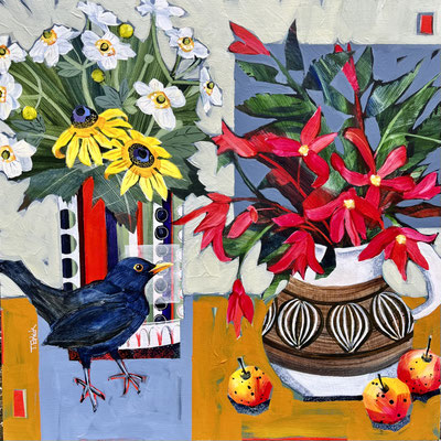 SLB92. Blackbird & Crab Apples.  sold  print available