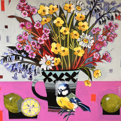  SLB117 Bluetit, limes & Magenta 16"in 19" frame £600  print available