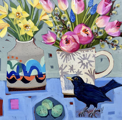SLB108.  Blackbird & Anna's Mug.  12" in 16" frame £450. print available