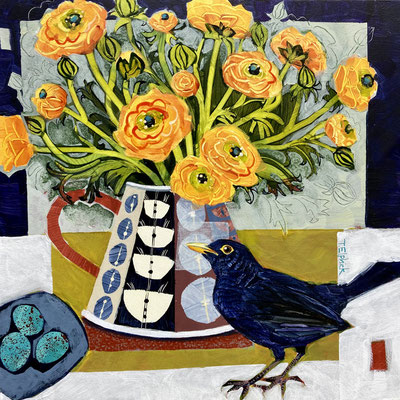 SLB55   Blackbird & Ranunculus    Original sold    print available