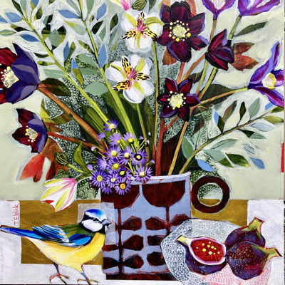SLB59   Bluetit & Mother's Day Flowers   Original sold   print available