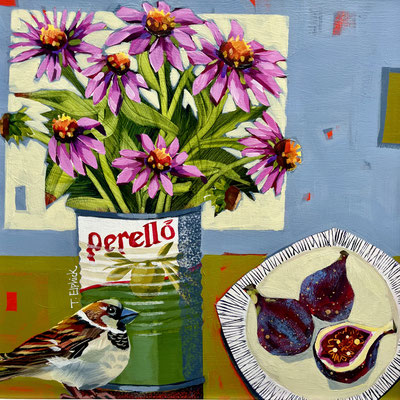 SLB105 Sparrow, Echinacea & Figs.  12" in 18" frame £400