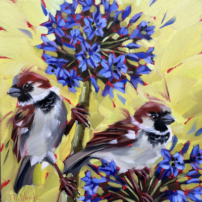 BO160. Sparrows & Agapanthus Sold Print available