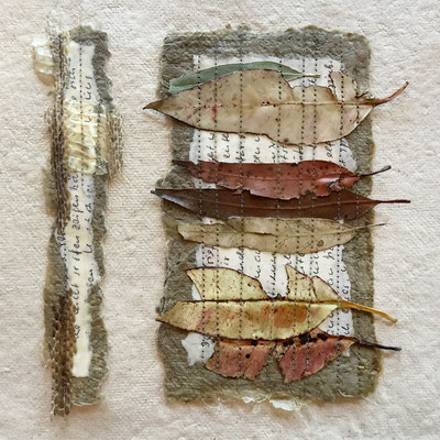 SINIPPETS OF LOVE #1, handmade and salvaged paper, eucalyptus leaves, snakes skin shed, beeswax, twine, SOLD