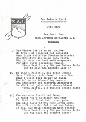 Textmanuskript "Der Feinste Sport" von Otto Sirl gewidmet dem C.A.S.