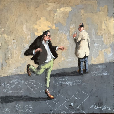 Thomas Bossard, artiste peintre, La marelle, huile sur toile, 80 x 80 cm