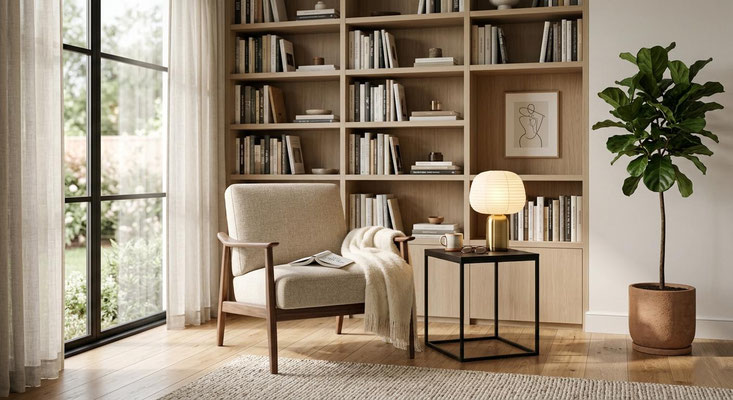 Coin lecture avec fauteuil, lampe d’appoint et bibliothèque sur mesure dans un intérieur chaleureux et lumineux