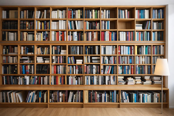 Grande bibliothèque sur mesure en bois avec rangements ouverts et nombreux livres sur toute la hauteur du mur