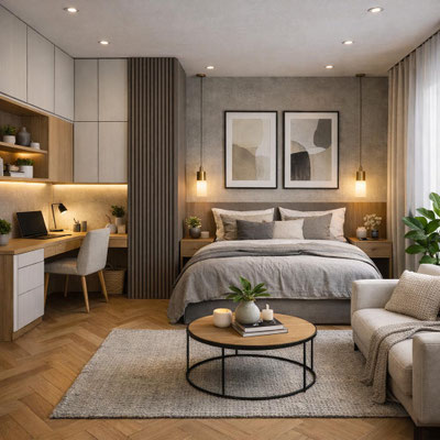 Chambre avec bureau intégré, rangements sur mesure, tête de lit en bois et ambiance douce aux tons neutres