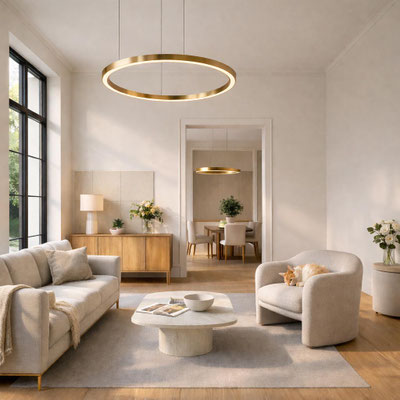 Salon contemporain clair et lumineux avec mobilier aux tons naturels, grande suspension circulaire et ouverture sur la salle à manger