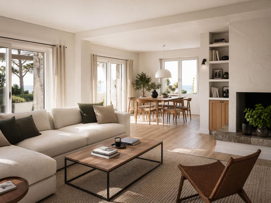 Salon et salle à manger lumineux dans une maison contemporaine avec espace ouvert, tons naturels et grandes ouvertures