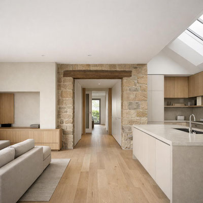 Rénovation intérieure d’une maison avec cuisine ouverte, poutre ancienne, murs en pierre apparente et aménagement épuré en bois clair