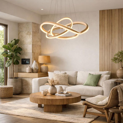 Salon contemporain aux tons naturels avec mobilier en bois, suspension design et ambiance chaleureuse