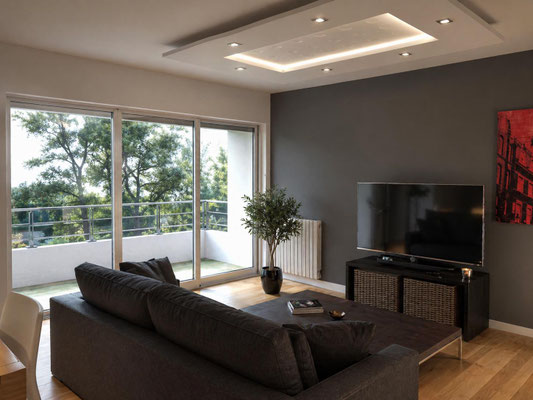 Salon contemporain avec canapé sombre, mur gris, grande baie vitrée, balcon et lumière naturelle.