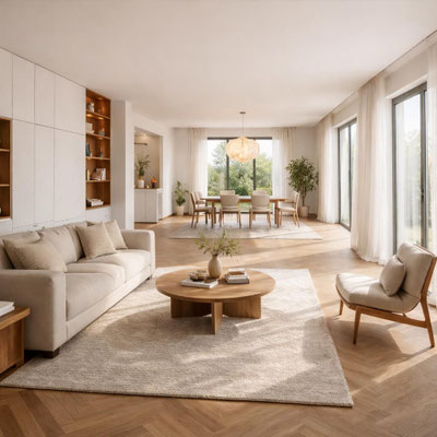 Salon et salle à manger lumineux dans un intérieur contemporain aux tons clairs avec grandes baies vitrées