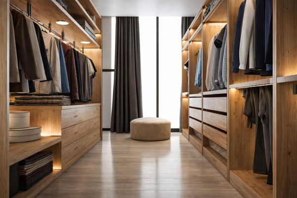 Dressing sur mesure en bois avec rangements ouverts, tiroirs intégrés et éclairage intérieur