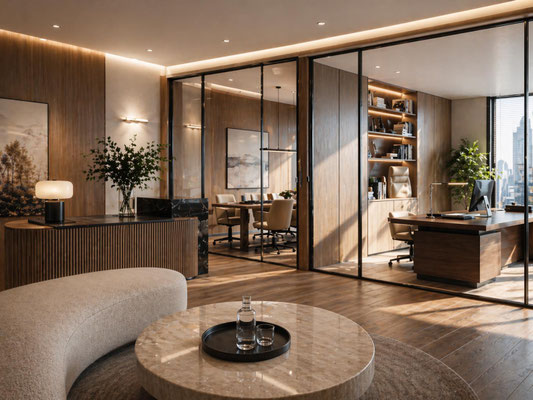 Accueil de bureau haut de gamme avec verrières, espace lounge, salle de réunion vitrée et bureau de direction dans une ambiance élégante en bois