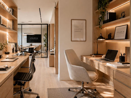 Bureau professionnel aménagé avec postes de travail sur mesure, rangements en bois et salle de réunion derrière une verrière