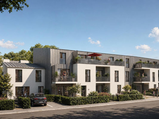Résidence contemporaine avec balcons, façades claires, bardage métallique et espaces végétalisés en extérieur.