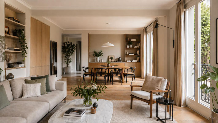 Salon et salle à manger contemporains avec parquet en chevrons, mobilier en bois clair, grandes fenêtres et ambiance chaleureuse aux tons naturels