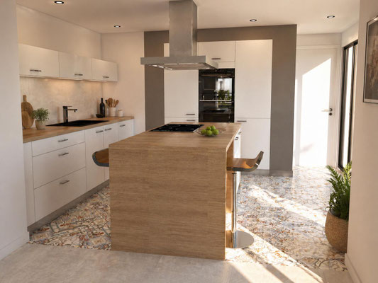 Cuisine contemporaine avec meubles blancs, îlot central en bois, sol en carreaux de ciment et lumière naturelle.