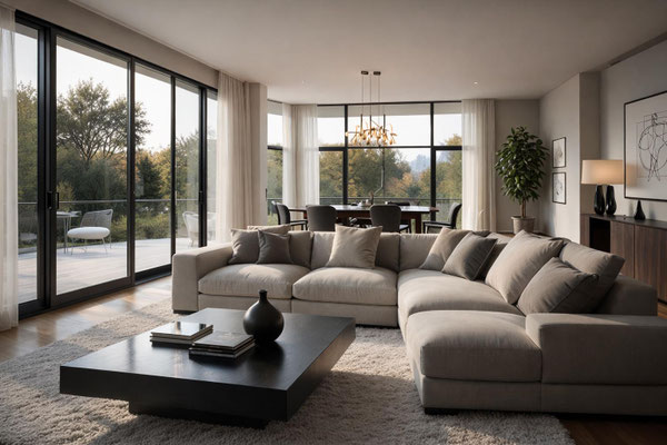 Salon et salle à manger contemporains avec grandes baies vitrées, canapé d’angle et vue dégagée sur l’extérieur
