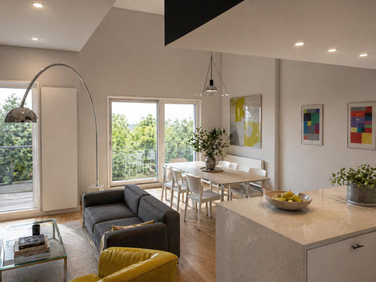 Pièce de vie ouverte avec cuisine, salon et salle à manger lumineuse, mobilier contemporain et grandes baies vitrées.
