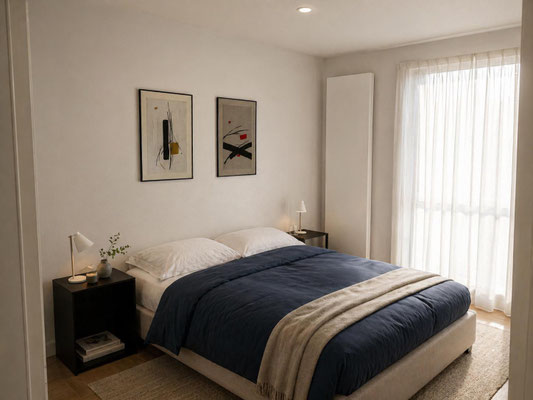 Chambre parentale lumineuse avec lit double, linge de lit bleu, tables de chevet noires et décoration murale sobre.