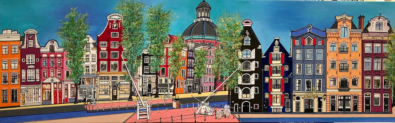 AMSTERDAM, BROUWERSGRACHT, STROMARKT en SINGEL 50X160 VERKOCHT.  ALS GICLEE (=GECERT. REPRODUCTIE OP LINNEN 50x160) 390 EURO OF OP GEBORSTELD ALUMINIUM 395 EURO